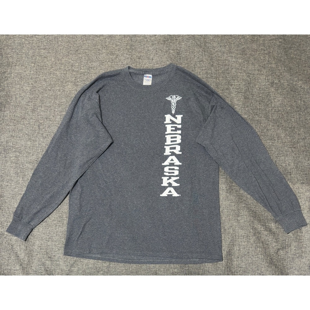 Jerzees Mens XL Long Sleeve T-Shirt Nebraska Medical Caduceus Graphic Gray